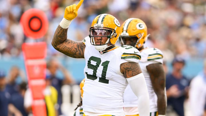 Sep 22, 2024; Nashville, Tennessee, USA; Green Bay Packers defensive end Preston Smith (91)celebrates his sack against the Tennessee Titans during the second half at Nissan Stadium. Mandatory Credit: Steve Roberts-Imagn Images Sep 22, 2024; Nashville, Tennessee, USA; Green Bay Packers defensive end Preston Smith (91)celebrates his sack against the Tennessee Titans during the second half at Nissan Stadium. Mandatory Credit: Steve Roberts-Imagn Images