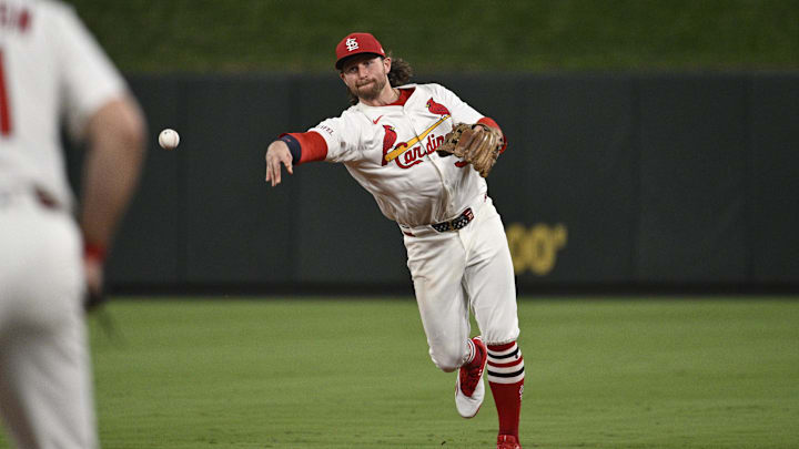 Sep 16, 2025; St. Louis, Missouri, USA; St. Louis Cardinals second baseman Brendan Donovan (33) throws out Cincinnati Reds first baseman Sal Stewart (43) (not pictured) at first base in the sixth inning at Busch Stadium. Mandatory Credit: Joe Puetz-Imagn Images