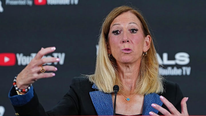 Oct 3, 2025; Las Vegas, Nevada, USA; WNBA Commissioner Cathy Engelbert talks during a presser before the start of game one of the 2025 WNBA Finals between the Phoenix Mercury and the Las Vegas Aces at Michelob Ultra Arena. Mandatory Credit: Stephen R. Sylvanie-Imagn Images Oct 3, 2025; Las Vegas, Nevada, USA; WNBA Commissioner Cathy Engelbert talks during a presser before the start of game one of the 2025 WNBA Finals between the Phoenix Mercury and the Las Vegas Aces at Michelob Ultra Arena. Mandatory Credit: Stephen R. Sylvanie-Imagn Images