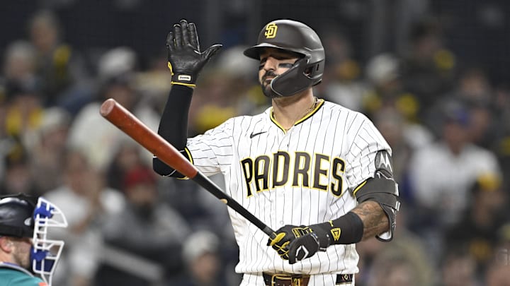 Apr 15, 2026; San Diego, California, USA; San Diego Padres right fielder Nick Castellanos reacts after striking out during the ninth inning against the Seattle Mariners at Petco Park. All MLB players are wearing number 42 today to honor Jackie Robinson. Mandatory Credit: Denis Poroy-Imagn Images