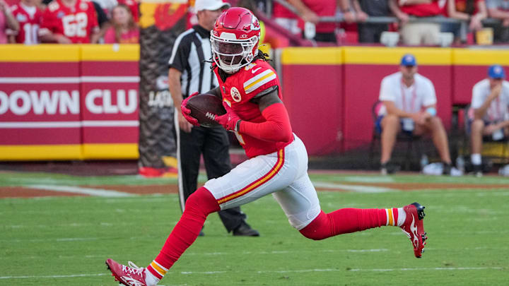 Sep 15, 2024; Kansas City, Missouri, USA; Kansas City Chiefs wide receiver Rashee Rice (4) catches a pass against the Cincinnati Bengals during the game at GEHA Field at Arrowhead Stadium. Mandatory Credit: Denny Medley-Imagn Images Sep 15, 2024; Kansas City, Missouri, USA; Kansas City Chiefs wide receiver Rashee Rice (4) catches a pass against the Cincinnati Bengals during the game at GEHA Field at Arrowhead Stadium. Mandatory Credit: Denny Medley-Imagn Images