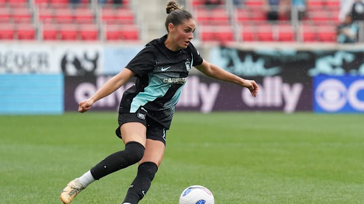 May 4, 2025; Harrison, New Jersey, USA; Gotham FC forward Sarah Schupansky (11) dribbles during the first half against Chicago Stars FC at Sports Illustrated Stadium. Mandatory Credit: Lucas Boland-Imagn Images