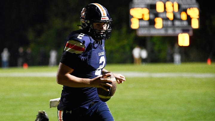 Nashville Christian quarterback Jared Curtis (2) runs the ball in for the go-ahead touchdown with 50 second left in game against Tyner Friday, Oct. 10, 2025, in Nashville, Tenn. Nashville Christian quarterback Jared Curtis (2) runs the ball in for the go-ahead touchdown with 50 second left in game against Tyner Friday, Oct. 10, 2025, in Nashville, Tenn.
