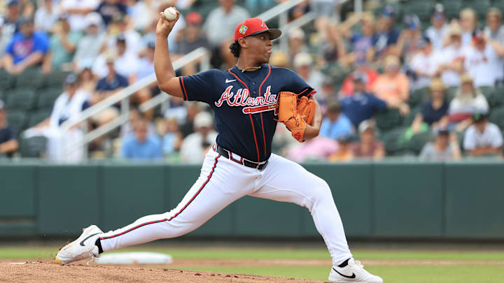Mar 13, 2026; North Port, Florida, USA; Atlanta Braves starting pitcher Didier Fuentes (72) throws a pitch during the first inning against the New York Yankees at CoolToday Park. Mandatory Credit: Kim Klement Neitzel-Imagn Images