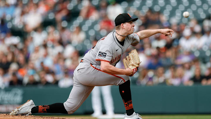 Jun 10, 2025; Denver, Colorado, USA; San Francisco Giants starting pitcher Kyle Harrison (45) pitches in the second inning against the Colorado Rockies at Coors Field. Mandatory Credit: Isaiah J. Downing-Imagn Images