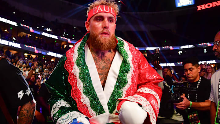 Jake Paul arrives to the ring to fight Julio Cesar Chavez Jr. at Honda Center. 