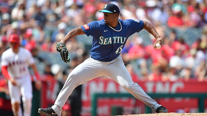 Jose A. Ferrer (45) throws against the Los Angeles Angels during the fourth inning at Angel Stadium. Jose A. Ferrer (45) throws against the Los Angeles Angels during the fourth inning at Angel Stadium.