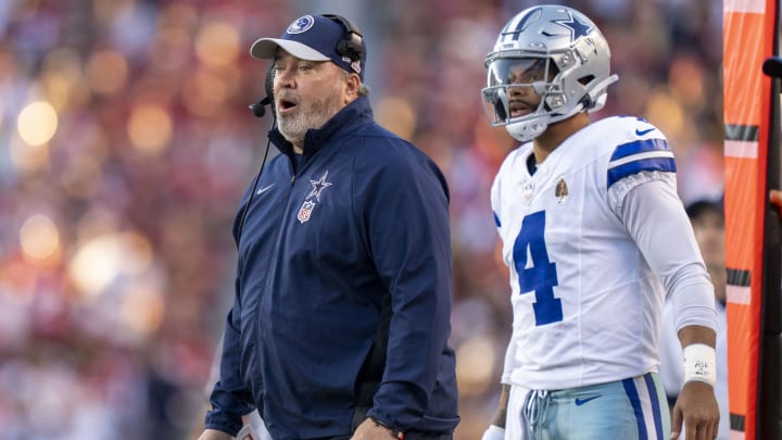 October 8, 2023; Santa Clara, California, USA; Dallas Cowboys head coach Mike McCarthy (left) and quarterback Dak Prescott (4) watch against the San Francisco 49ers during the first quarter at Levi's Stadium. Mandatory Credit: Kyle Terada-USA TODAY Sports October 8, 2023; Santa Clara, California, USA; Dallas Cowboys head coach Mike McCarthy (left) and quarterback Dak Prescott (4) watch against the San Francisco 49ers during the first quarter at Levi's Stadium. Mandatory Credit: Kyle Terada-USA TODAY Sports