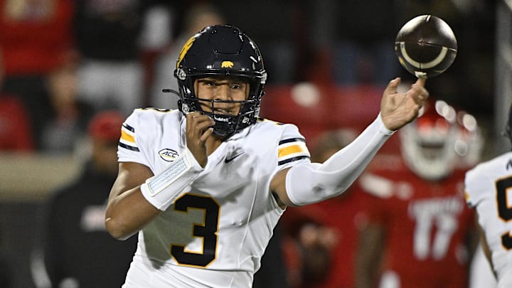 Nov 8, 2025; Louisville, Kentucky, USA;  California Golden Bears quarterback Jaron-Keawe Sagapolutele (3) throws a pass against the Louisville Cardinals during the first quarter at L&N Federal Credit Union Stadium. Mandatory Credit: Jamie Rhodes-Imagn Images
