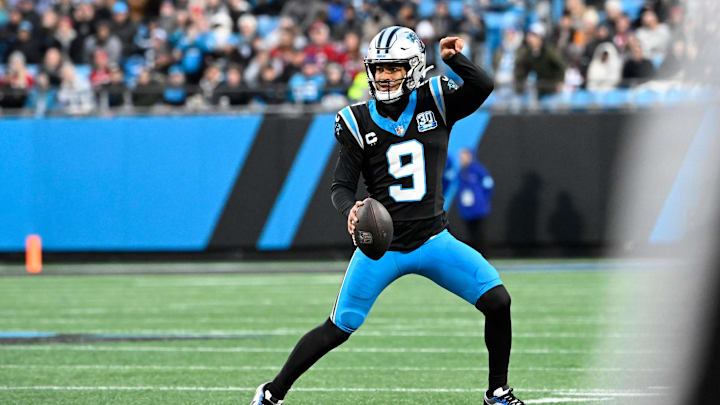 Dec 1, 2024; Charlotte, North Carolina, USA; Carolina Panthers quarterback Bryce Young (9) directs the wide recievers while scrabling in the second quarter at Bank of America Stadium. Mandatory Credit: Bob Donnan-Imagn Images Dec 1, 2024; Charlotte, North Carolina, USA; Carolina Panthers quarterback Bryce Young (9) directs the wide recievers while scrabling in the second quarter at Bank of America Stadium. Mandatory Credit: Bob Donnan-Imagn Images