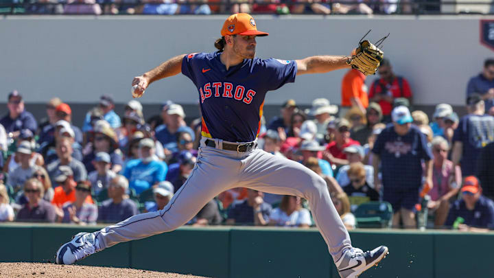 Feb 26, 2024; Lakeland, Florida, USA; Houston Astros pitcher Spencer Arrighetti (75) pitches during