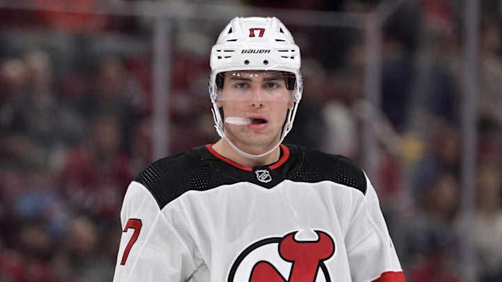 Sep 25, 2023; Montreal, Quebec, CAN; New Jersey Devils defenseman Simon Nemec (17) prepares for a