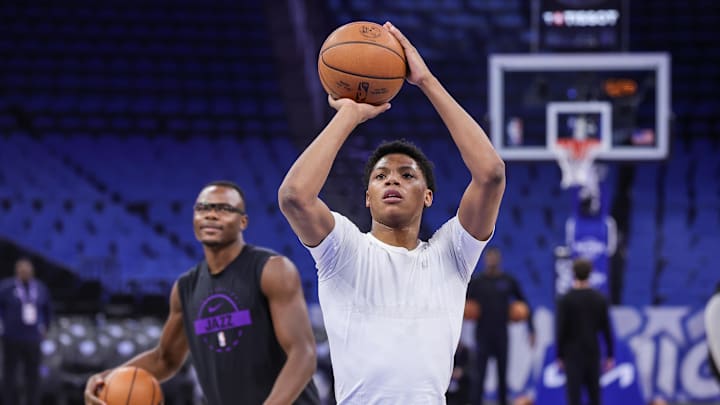 Feb 7, 2026; Orlando, Florida, USA; Utah Jazz guard Ace Bailey (19) warms up before the game against the Orlando Magic at Kia Center. Mandatory Credit: Mike Watters-Imagn Images