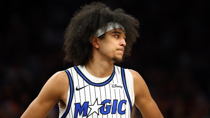 Feb 21, 2026; Phoenix, Arizona, USA; Orlando Magic guard Anthony Black (0) against the Phoenix Suns at Mortgage Matchup Center. Mandatory Credit: Mark J. Rebilas-Imagn Images