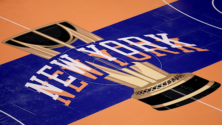 Nov 24, 2023; New York, New York, USA; General view of the in-season tournament court logo during warmups before a game between the New York Knicks and the Miami Heat at Madison Square Garden. Mandatory Credit: Brad Penner-Imagn Images