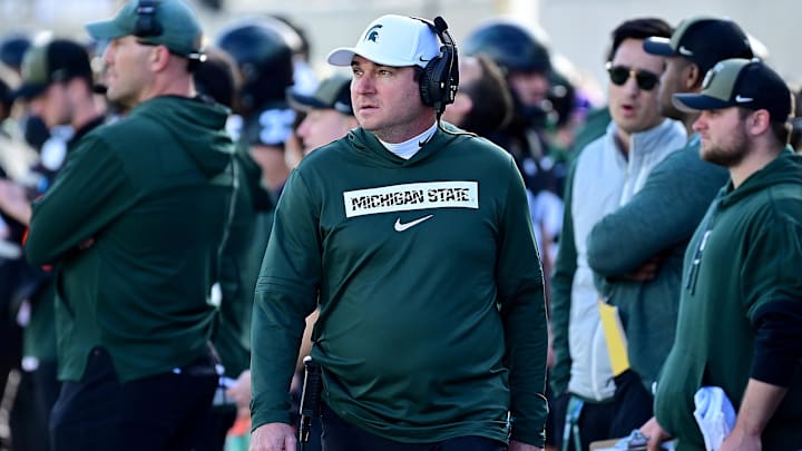 Nov 2, 2024; East Lansing, Michigan, USA;  Michigan State Spartans head coach Jonathan Smith looks over his sidelines during the first quarter against the Indiana Hoosiers at Spartan Stadium. Mandatory Credit: Dale Young-Imagn Images