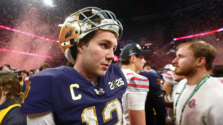 Jan 20, 2025; Atlanta, GA, USA; Notre Dame Fighting Irish quarterback Riley Leonard (13) reacts after losing the CFP National Championship college football game at Mercedes-Benz Stadium. 