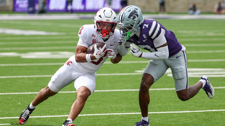 Sep 12, 2026; Manhattan, Kansas, USA; Washington State Cougars running back Maxwell Woods (3) is pushed out of bounds by Kansas State Wildcats cornerback Kaleb Patterson (7) during the first quarter at Bill Snyder Family Football Stadium. Mandatory Credit: Scott Sewell-Imagn Images Sep 12, 2026; Manhattan, Kansas, USA; Washington State Cougars running back Maxwell Woods (3) is pushed out of bounds by Kansas State Wildcats cornerback Kaleb Patterson (7) during the first quarter at Bill Snyder Family Football Stadium. Mandatory Credit: Scott Sewell-Imagn Images