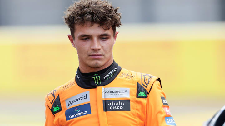 Oct 19, 2024; Austin, Texas, USA;  Lando Norris of McLaren reacts after finishing third in the Sprint Race at the Formula One US Grand Prix at Circuit of the Americas. Mandatory Credit: Erich Schlegel-Imagn Images