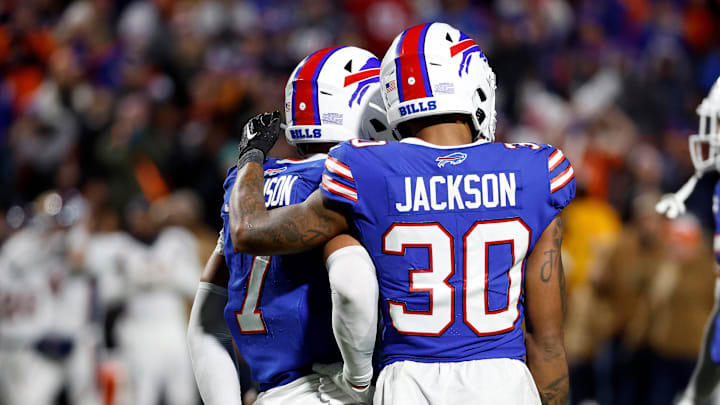 Buffalo Bills cornerback Dane Jackson (30) comforts Buffalo Bills cornerback Taron Johnson (7) after he was called for a pass interference.