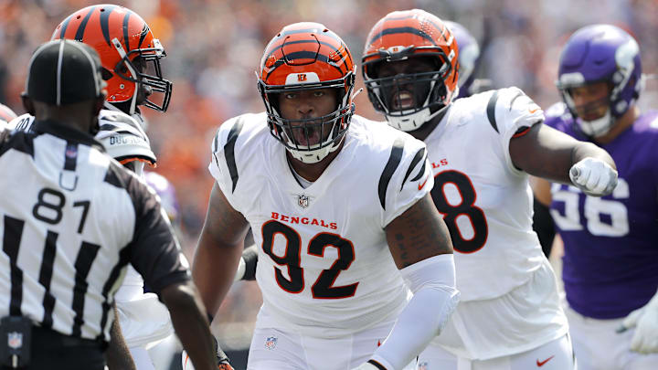 Sep 12, 2021; Cincinnati, Ohio, USA; Cincinnati Bengals defensive end B.J. Hill (92) celebrates the