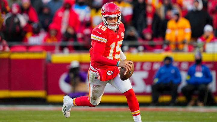 Dec 14, 2025; Kansas City, Missouri, USA; Kansas City Chiefs quarterback Patrick Mahomes (15) runs the ball during the second half against the Los Angeles Chargers at GEHA Field at Arrowhead Stadium. Mandatory Credit: Jay Biggerstaff-Imagn Images