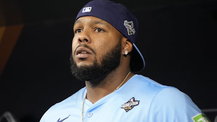 Toronto Blue Jays first baseman Vladimir Guerrero Jr. (27) looks on from the dugout before game six of the 2025 MLB World Series against the Los Angeles Dodgers at Rogers Centre.