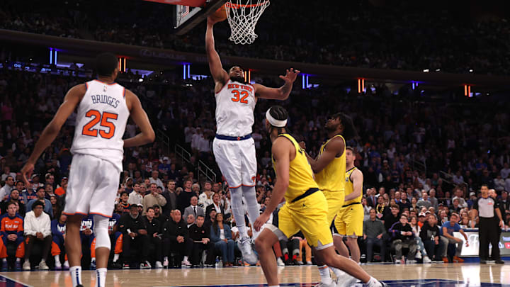 May 29, 2025; New York, New York, USA; New York Knicks center Karl-Anthony Towns (32) shoots against Indiana Pacers forward Jarace Walker (5) and guard Andrew Nembhard (2) in the fourth quarter during game five of the eastern conference finals for the 2025 NBA Playoffs at Madison Square Garden. Mandatory Credit: Vincent Carchietta-Imagn Images May 29, 2025; New York, New York, USA; New York Knicks center Karl-Anthony Towns (32) shoots against Indiana Pacers forward Jarace Walker (5) and guard Andrew Nembhard (2) in the fourth quarter during game five of the eastern conference finals for the 2025 NBA Playoffs at Madison Square Garden. Mandatory Credit: Vincent Carchietta-Imagn Images