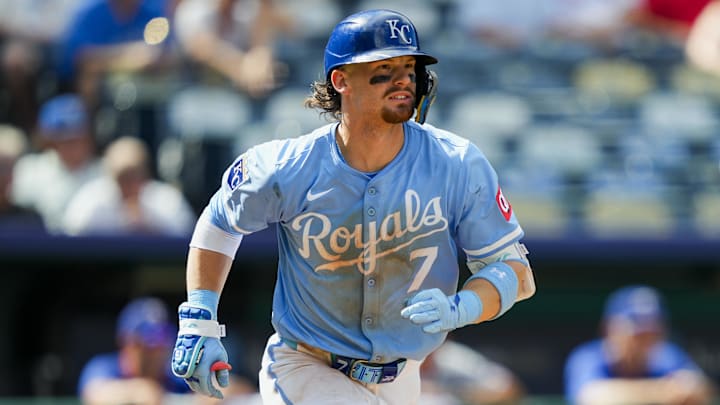 Aug 21, 2025; Kansas City, Missouri, USA; Kansas City Royals shortstop Bobby Witt Jr. (7) runs toward first base during the eighth inning against the Texas Rangers at Kauffman Stadium. 