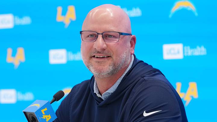 Apr 16, 2026; El Segundo, CA, USA; Los Angeles Chargers general manager Joe Hortiz speaks at press conference at The Bolt. Mandatory Credit: Kirby Lee-Imagn Images