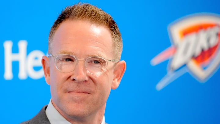 Thunder general manager Sam Presti speaks during an introductory press conference for the 2024 Thunder draft picks at Oklahoma Contemporary Arts Center in Oklahoma City, Saturday, June, 29, 2024.
