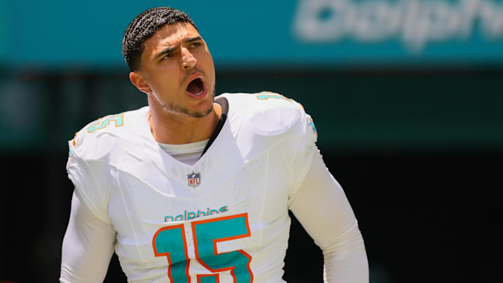 Miami Dolphins linebacker Jaelan Phillips (15) runs onto the field before the game against the Jacksonville Jaguars at Hard Rock Stadium.