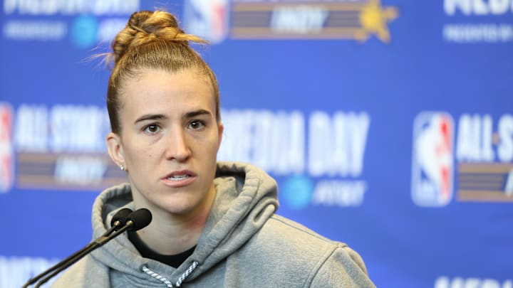Feb 17, 2024; Indianapolis, IN, USA; New York Liberty guard Sabrina Ionescu (20) talks about the shooting contest against Steph Curry during NBA All Star practice press conferences at Gainbridge Fieldhouse. Mandatory Credit: Trevor Ruszkowski-Imagn Images Feb 17, 2024; Indianapolis, IN, USA; New York Liberty guard Sabrina Ionescu (20) talks about the shooting contest against Steph Curry during NBA All Star practice press conferences at Gainbridge Fieldhouse. Mandatory Credit: Trevor Ruszkowski-Imagn Images