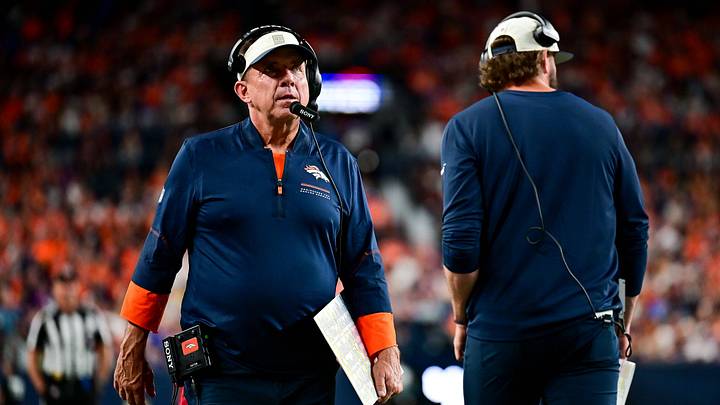DENVER, CO - AUGUST 28: Denver Broncos head coach Sean Payton and offensive coordinator Davis Webb look on during a preseason game between the Minnesota Vikings and the Denver Broncos at Empower Field at Mile High on August 28, 2026 in Denver, Colorado. 