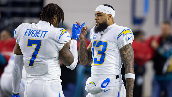 Jan 14, 2023; Jacksonville, Florida, USA; Los Angeles Chargers wide receiver Keenan Allen (13) and tight end Gerald Everett (7) against the Jacksonville Jaguars during a wild card playoff game at TIAA Bank Field.