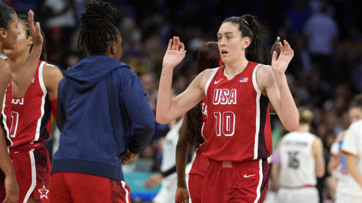 Aug 4, 2024; Villeneuve-d'Ascq, France; United States power forward Breanna Stewart (10) reacts at halftime against Germany in a women’s group C game during the Paris 2024 Olympic Summer Games at Stade Pierre-Mauroy. Mandatory Credit: John David Mercer-USA TODAY Sports Aug 4, 2024; Villeneuve-d'Ascq, France; United States power forward Breanna Stewart (10) reacts at halftime against Germany in a women’s group C game during the Paris 2024 Olympic Summer Games at Stade Pierre-Mauroy. Mandatory Credit: John David Mercer-USA TODAY Sports