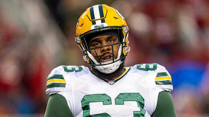 January 20, 2024; Santa Clara, CA, USA; Green Bay Packers offensive tackle Rasheed Walker (63) before a 2024 NFC divisional round game against the San Francisco 49ers at Levi's Stadium. Mandatory Credit: Kyle Terada-Imagn Images
