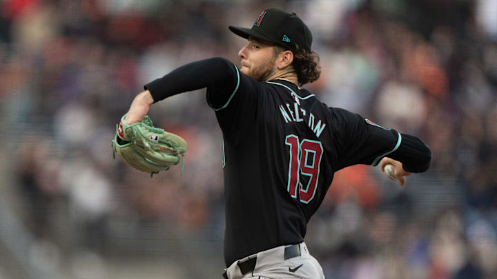 Apr 18, 2024; San Francisco, California, USA; Arizona Diamondbacks pitcher Ryne Nelson (19) pitches Apr 18, 2024; San Francisco, California, USA; Arizona Diamondbacks pitcher Ryne Nelson (19) pitches