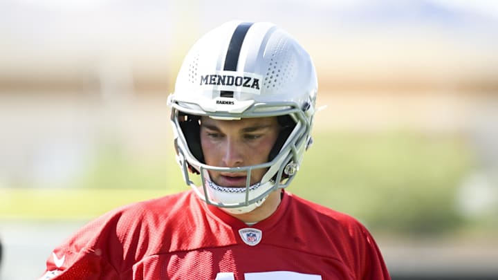 May 2, 2026; Henderson, NV, USA;  Las Vegas Raiders quarterback Fernando Mendoza (15) runs through a drill during a Rookie Minicamp at Intermountain Health Performance Center. Mandatory Credit: Candice Ward-Imagn Images