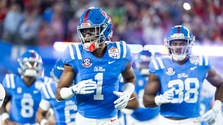 Jan 8, 2026; Glendale, AZ, USA; Mississippi Rebels wide receiver De'Zhaun Stribling (1) against the Miami Hurricanes during the 2026 Fiesta Bowl and semifinal game of the College Football Playoff at State Farm Stadium. Mandatory Credit: Mark J. Rebilas-Imagn Images