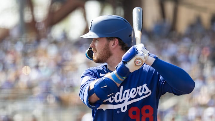 Feb 23, 2026; Phoenix, Arizona, USA; Los Angeles Dodgers first baseman James Tibbs III against the Seattle Mariners during a spring training game at Camelback Ranch-Glendale. Mandatory Credit: Mark J. Rebilas-Imagn Images