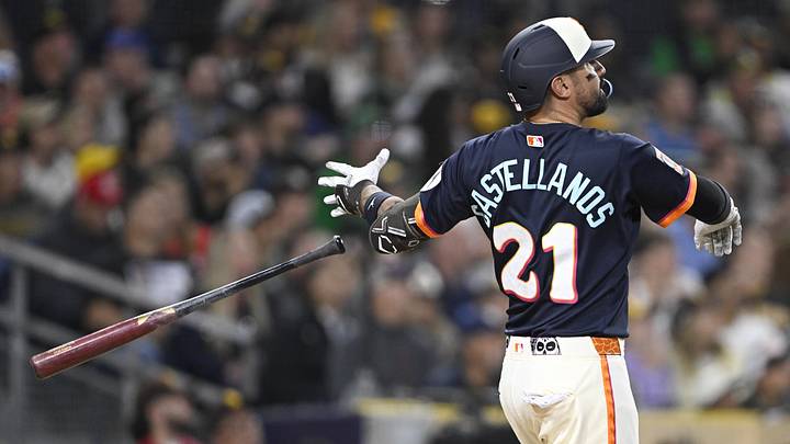 May 22, 2026; San Diego, California, USA; San Diego Padres right fielder Nick Castellanos (21) hits a solo home run during the fifth inning against the Athletics at Petco Park. Mandatory Credit: Denis Poroy-Imagn Images