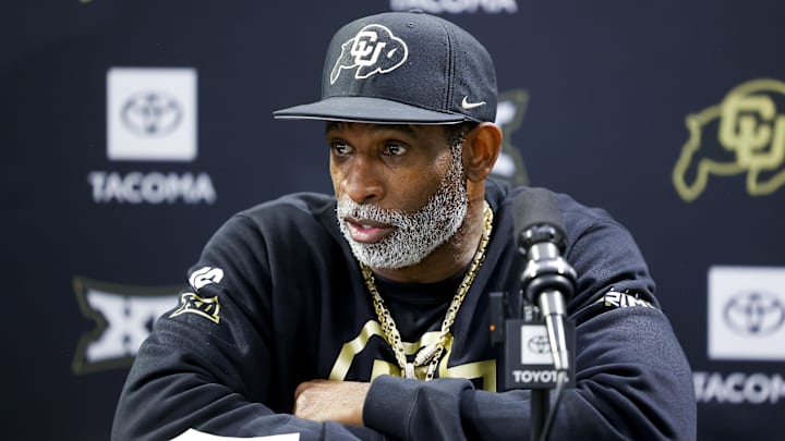Apr 4, 2025; Boulder, CO, USA; Colorado Buffaloes head coach Deion Sanders speaks to the media at the University of Colorado NFL Showcase at the CU Indoor Practice Facility. Mandatory Credit: Michael Ciaglo-Imagn Images