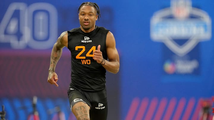 Mar 1, 2025; Indianapolis, IN, USA; Oregon wideout Tez Johnson (WO24) during the 2025 NFL Combine at Lucas Oil Stadium. Mar 1, 2025; Indianapolis, IN, USA; Oregon wideout Tez Johnson (WO24) during the 2025 NFL Combine at Lucas Oil Stadium.