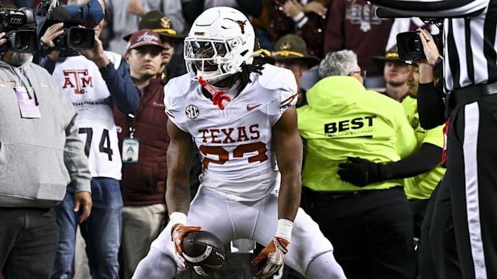 Texas Longhorns running back Jaydon Blue reacts after scoring a touchdown in the second quarter against the Texas A&M Aggies