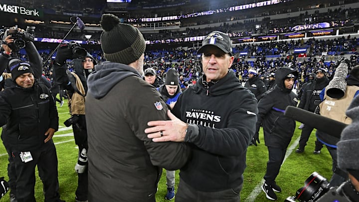 Jan 4, 2025; Baltimore, Maryland, USA; The Baltimore Ravens head coach John Harbaugh and the Cleveland Browns head coach Kevin Stefanski react after the game at M&T Bank Stadium. Mandatory Credit: Tommy Gilligan-Imagn Images Jan 4, 2025; Baltimore, Maryland, USA; The Baltimore Ravens head coach John Harbaugh and the Cleveland Browns head coach Kevin Stefanski react after the game at M&T Bank Stadium. Mandatory Credit: Tommy Gilligan-Imagn Images