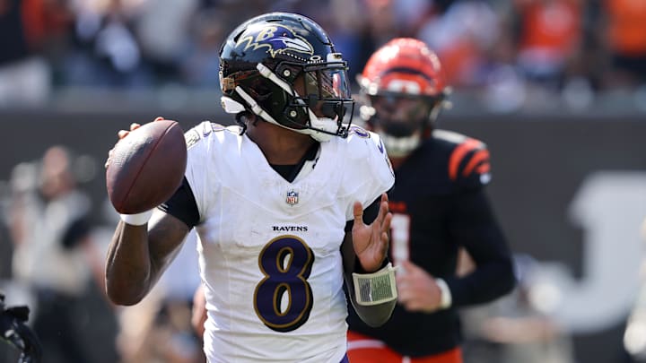Oct 6, 2024; Cincinnati, Ohio, USA; Baltimore Ravens quarterback Lamar Jackson (8) drops to throw during the first half against the Cincinnati Bengals at Paycor Stadium. Mandatory Credit: Joseph Maiorana-Imagn Images