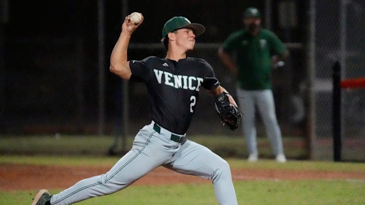 Venice starting pitcher Kasen Poplin (2) helped the Indians beat Sarasota, 14-1, in a battle of unbeaten teams on March 3. Venice is now 9-0 and ranked No. 4 in the High School on SI Florida Baseball Top 25.
