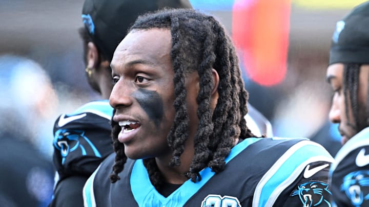 Dec 22, 2024; Charlotte, North Carolina, USA;  Carolina Panthers cornerback Jaycee Horn (8) on the sidelines in the fourth quarter at Bank of America Stadium. Mandatory Credit: Bob Donnan-Imagn Images