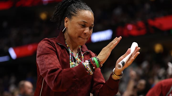 Apr 4, 2025; Tampa, FL, USA;  South Carolina Gamecocks head coach Dawn Staley reacts after defeating the Texas Longhorns during the semifinal of the women's 2025 NCAA tournament at Amalie Arena. Mandatory Credit: Nathan Ray Seebeck-Imagn Images